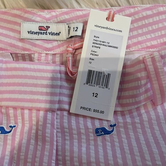 Vineyard Vines Girls Pink & White Seersucker Blue Whale Embroidered Shorts - Picture 4 of 6